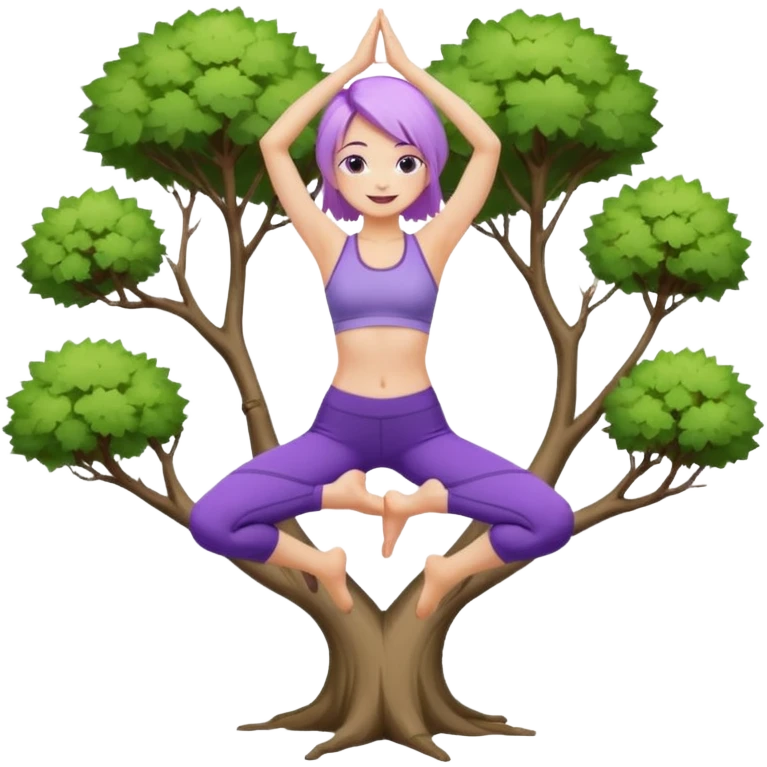Девушка белокожая со светло-фиолетовыми волосами, в одежде для йоги, стоит в позе дерева emoji
