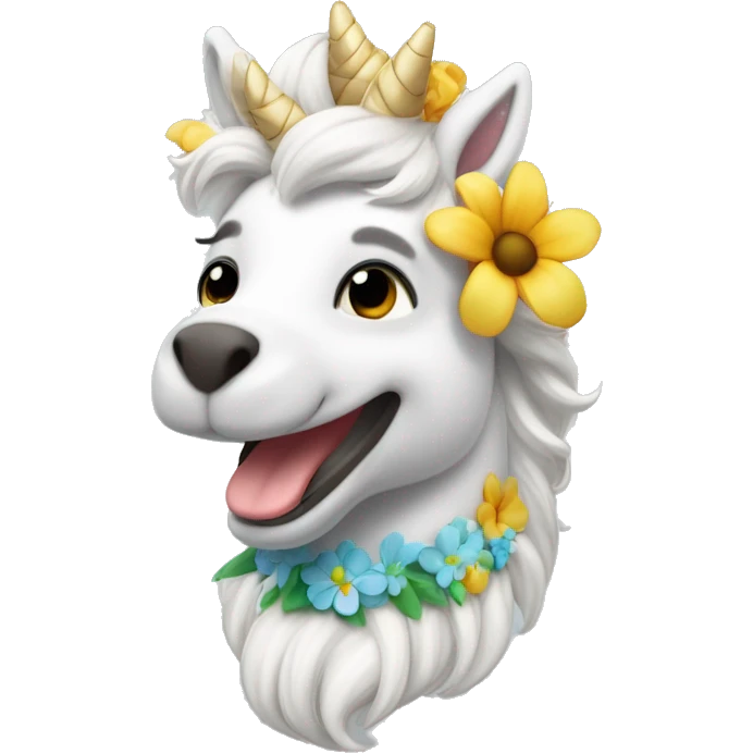 Uniconio sonriente de pelo celeste y piel blanca con un collar de flor de colores emoji