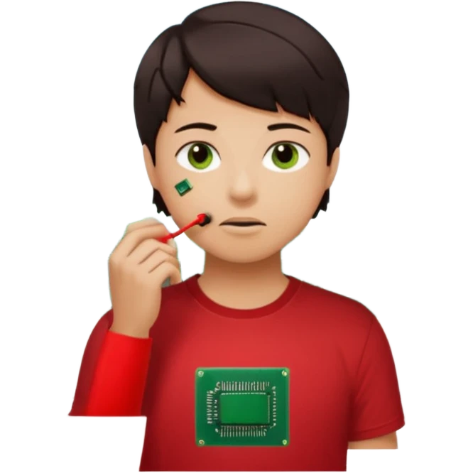 A young person wearing a red T-shirt indoors, short dark hair, holding a small green electronic circuit board near the mouth in a thoughtful pose. Warm natural lighting, window with blinds in the background, casual tech-inspired vibe. emoji