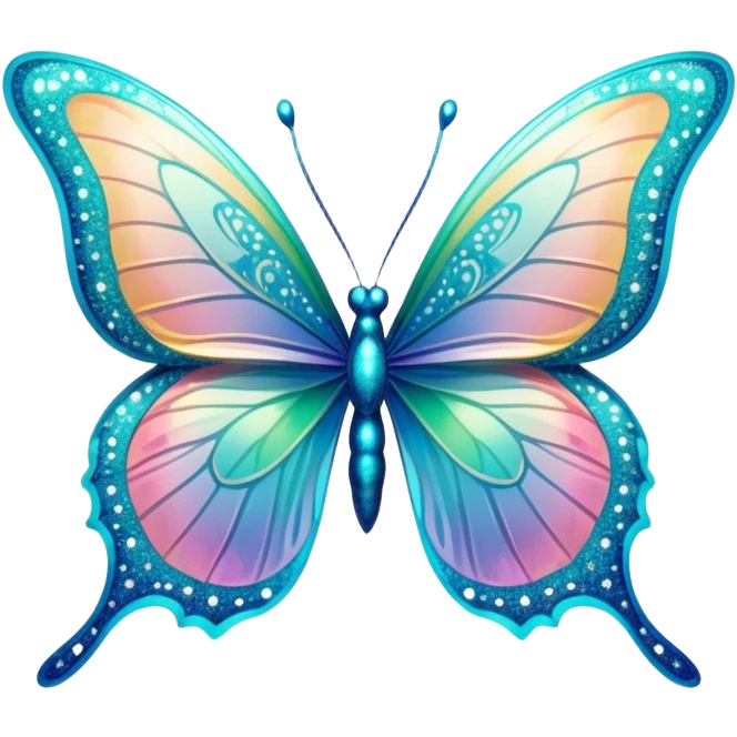 Pastel sparkly cyan glittery iridescent rainbow transparent butterfly with detailed intricate patterns emoji