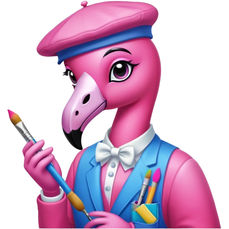 A flamingo dressed up as a painter in a Lisa Frank-style aesthetic emoji