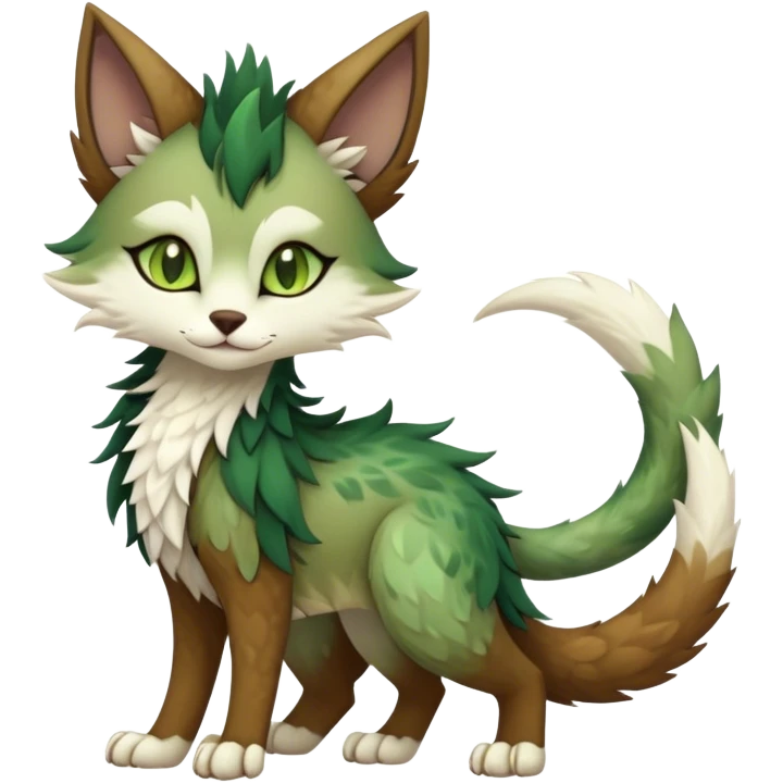 Kawaii dark cute cool brown beige white fantasy ethereal feline-vernid-sergal-fursona animal creature with a tufted tail full body with intricate markings, hazel-gold-green eyes emoji