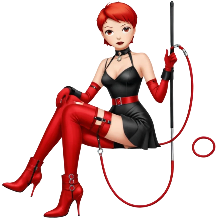 mistress, dominant girl, short red hair, sexy shiny red bdsm clothing, red hold-ups, whip and leash on her hands, choker around her neck, serious look, shiny red high heel boots emoji