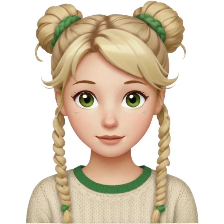 dirty blonde hazel  green eyes woman with a white cable knit sweater and one messy bun with tendrils of hair flowing down her face and she is happy pale, some freckles, blush. she has a cateye wing and long lashes emoji