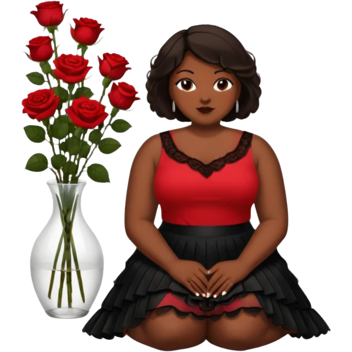 A plus-size black woman with short, straight, dark brown hair is wearing a red sleeveless shirt and a black lace ruffled skirt. She is holding a rose and sitting on the floor with her legs crossed. On the floor is a glass vase with red roses. emoji