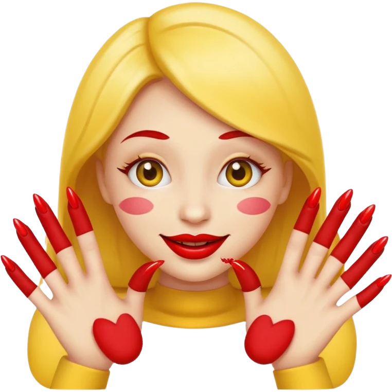 yellow smiley emoji face with big red lips and two hands with long red nails emoji