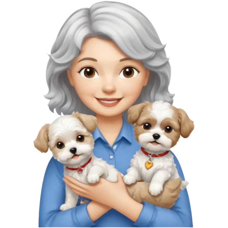 silver, short, wavy-haired with loose curls, smiling pretty lady holding a whit terrier dog and a white and tan shih tzu dog emoji