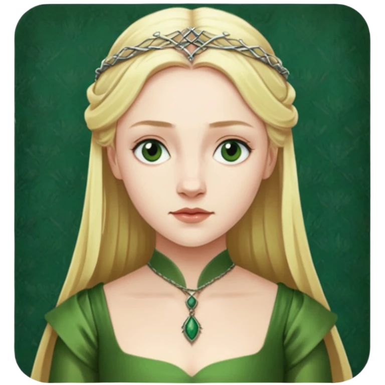 Elizabeth Woodville is the queen of York and looks like a blonde Rebecca Ferguson. She is wearing a green dress and looks like a Game of Thrones Character emoji