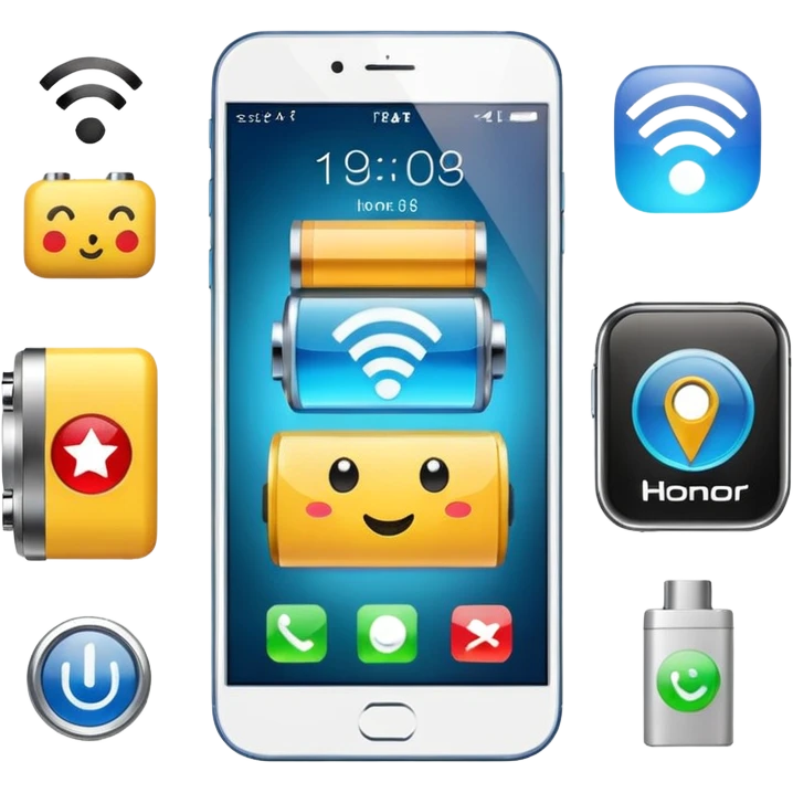 Honor phone with app icons, time, Wi-Fi and battery level emoji