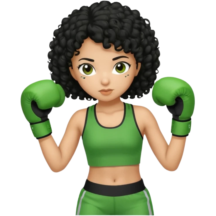 a girl with black curly hair and olive skin in a green workout outfit, boxing emoji