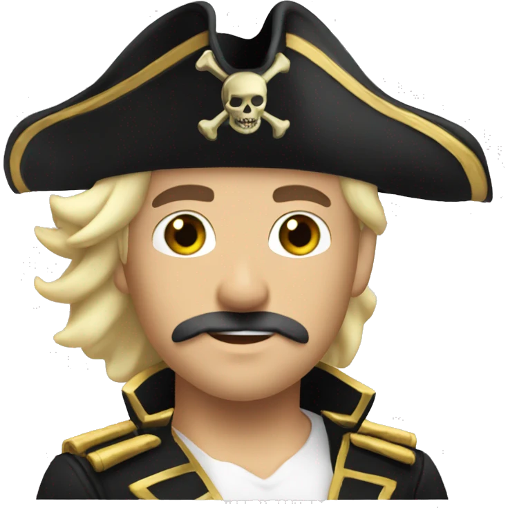 Male pirate captain hat black sash black moustache black sash short blond hair blue eyes emoji