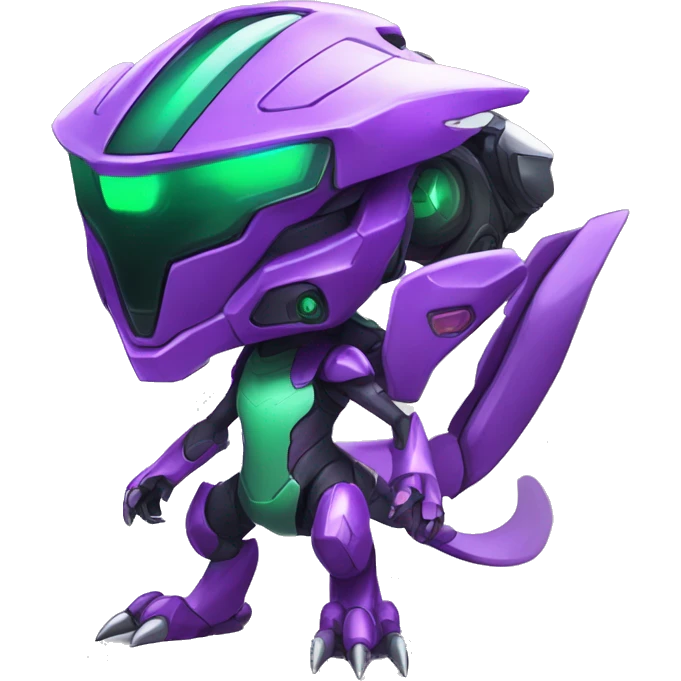 a chibi-style purple-green Genesect-Raptor-Fakémon—hybrid with a futuristic visor-helmet full body emoji