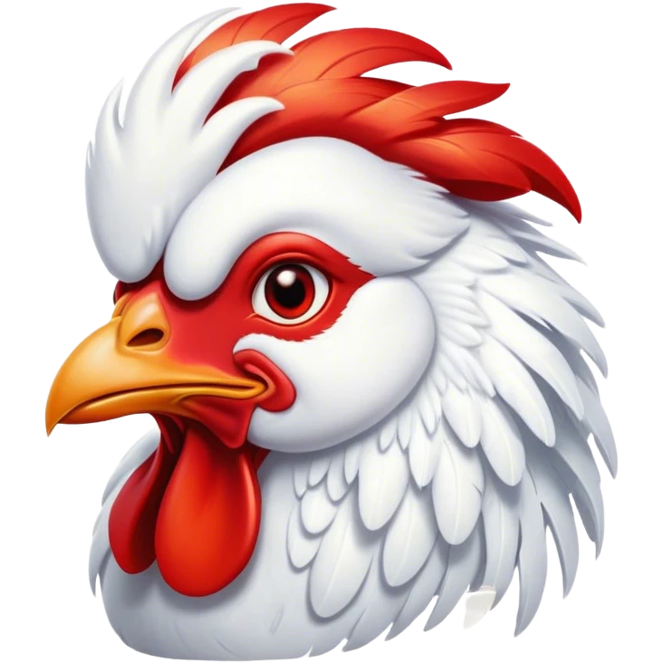 Cinematic Cute White Rooster Portrait Emoji, Head tilted playfully and inquisitively, featuring a glossy, immaculate white plumage with a vibrant red comb, round, sparkling eyes filled with curiosity, Simplified yet irresistibly adorable features, highly detailed, glowing with a warm, friendly glow, high shine, affectionate and spirited, stylized with a touch of farmyard whimsy, bright and endearing, soft glowing outline, capturing the essence of a mischievous yet loving rooster, so playful it feels like it could strut out of the screen and into your arms! emoji