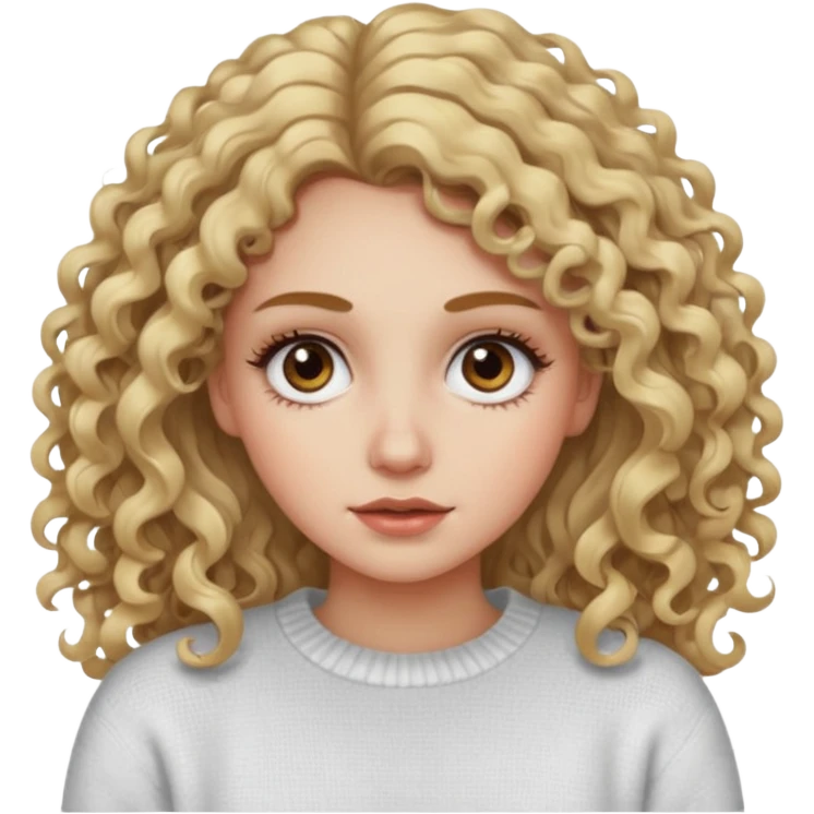 a dirty blonde girl with brown eyes and make her wearing a white sweater with curly hair and white skin color, long hair and big lashes emoji