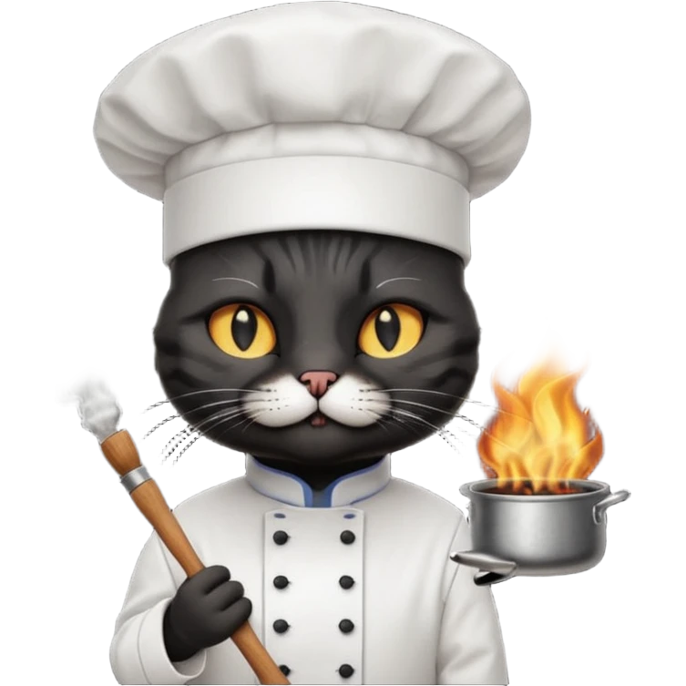 extra black chef cat wearing a tall white chef hat, burning hat emoji