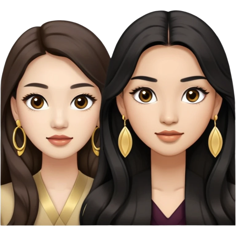 A two woman one is a asian with light skin and brown wavy long hair, big round brown eyes with long lashes and a bit of makeup and another is asian woman with black straight long hair with light tan skin and with big round dark brown eyes with full long lashes. Both wears a gold earrings emoji