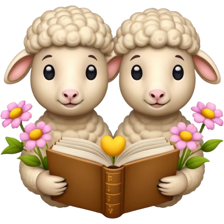 2 beige sheep reading books + flowers emoji