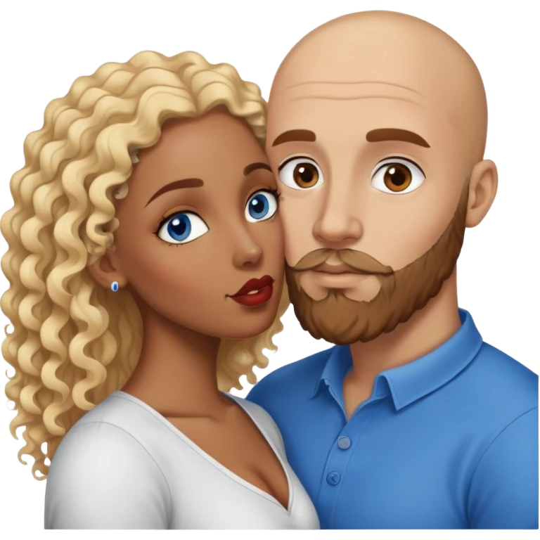 bald head man with brown eyes and beard kissing African woman with blue eyes and curly blonde hair emoji