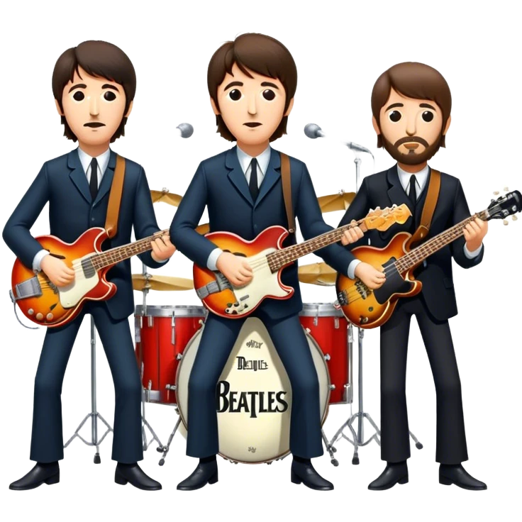 Rock music icon: The Beatles performing live on stage. John Lennon with guitar, Paul McCartney with bass, George Harrison with guitar, Ringo Starr on drums. Bright lights, energetic performance. Transparent background. emoji