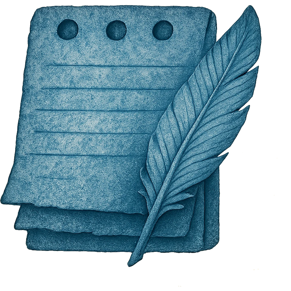 Windows 11 Notepad icon in the style of an ancient blue note, layered parchment, blue hues, weathered texture, and a decorative feather, no text, just the notepad look, option 8 emoji