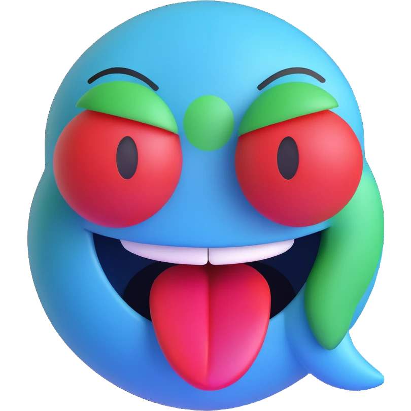 Create a blue smiley face laughing emoji in the same cartoon 3D style as the reference image, with green eyes, a big open mouth, and a red tongue. emoji