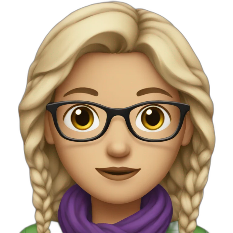 A girl with medium  hair with green  eyes with glasses with purple scarf  emoji