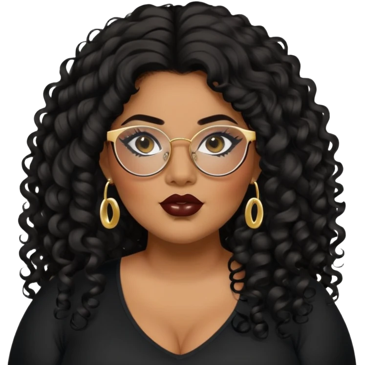 big plus size, darker tan skin, long black curly hair, baddie,pretty, makeup, lipliner, black eyeliner, long hair, gold earrings, black top, glasses emoji