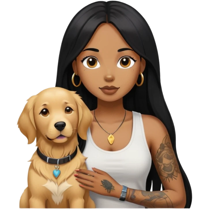 a black girl with long black  straight hair with  tattoos on the chest in the tank top and  a golden retriever emoji