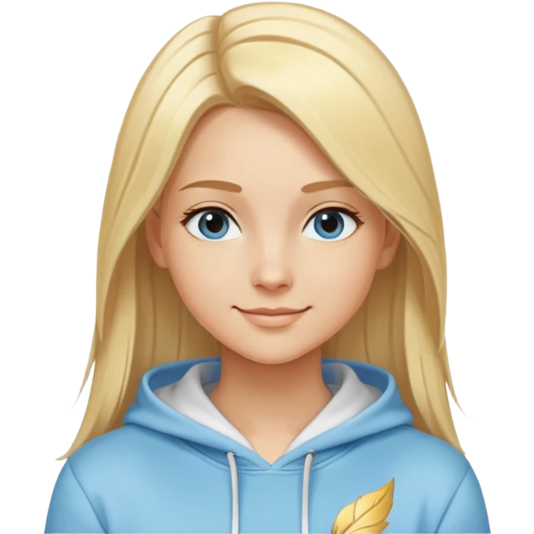 Woman with blonde straight hair and side part, serene smile, dreamy eyes, wearing a light blue fantasy-sporty hoodie with golden and white details emoji