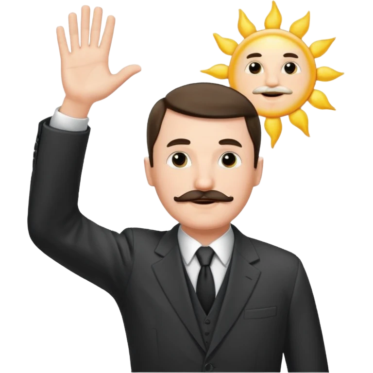 Adolf h , wearing suit and mustache small. Raising his hand to sun emoji