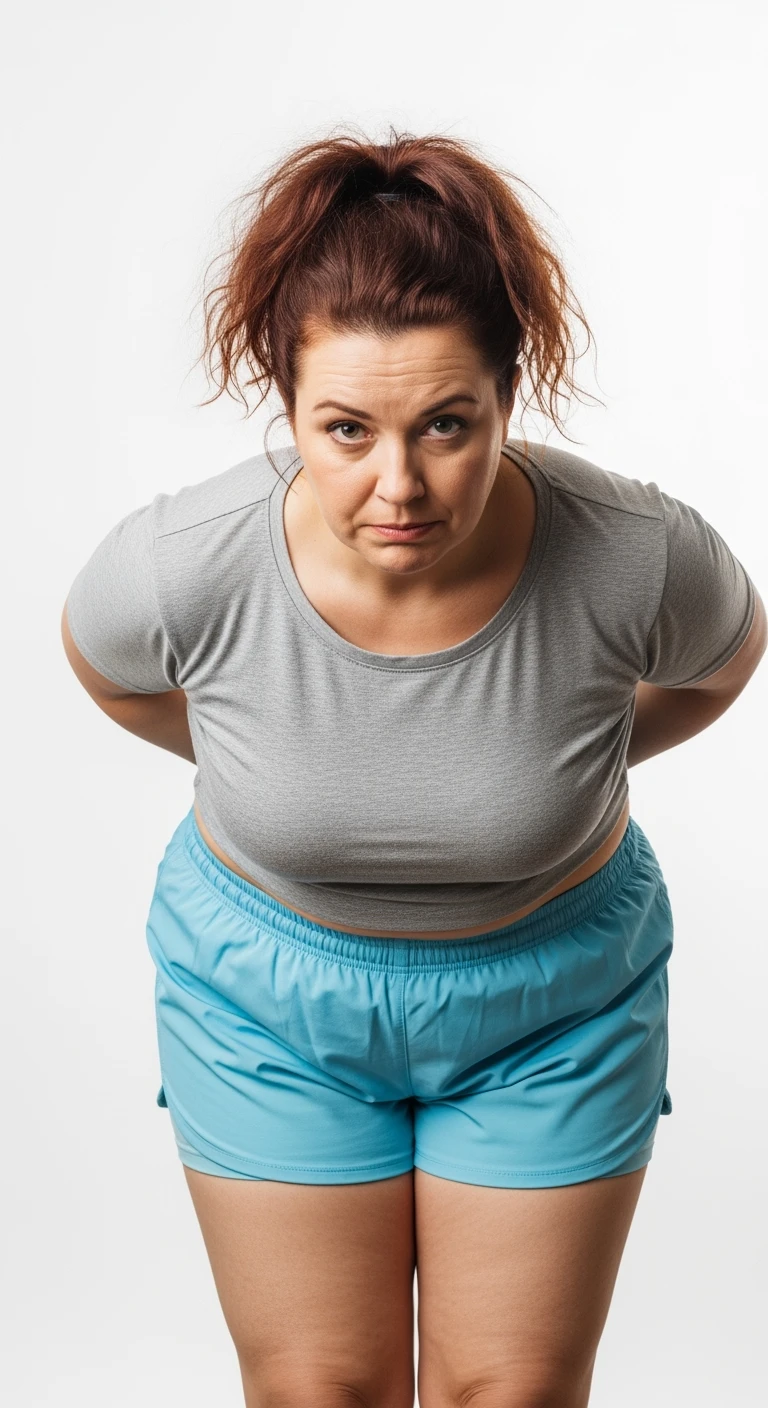 donna con cellulite in gym short leggermente piegata in avanti, con espressione dispiaciuta in volto isolata su sfondo bianco emoji