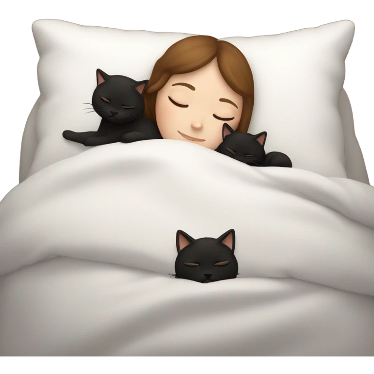 White girl brown hair sleeping with two little black cats emoji