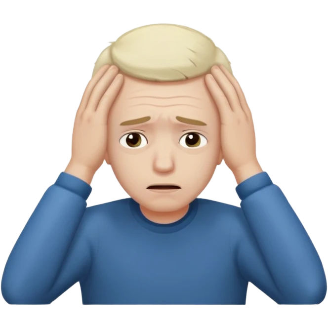 A white man sits at his desk, clutching his head in his hands. emoji