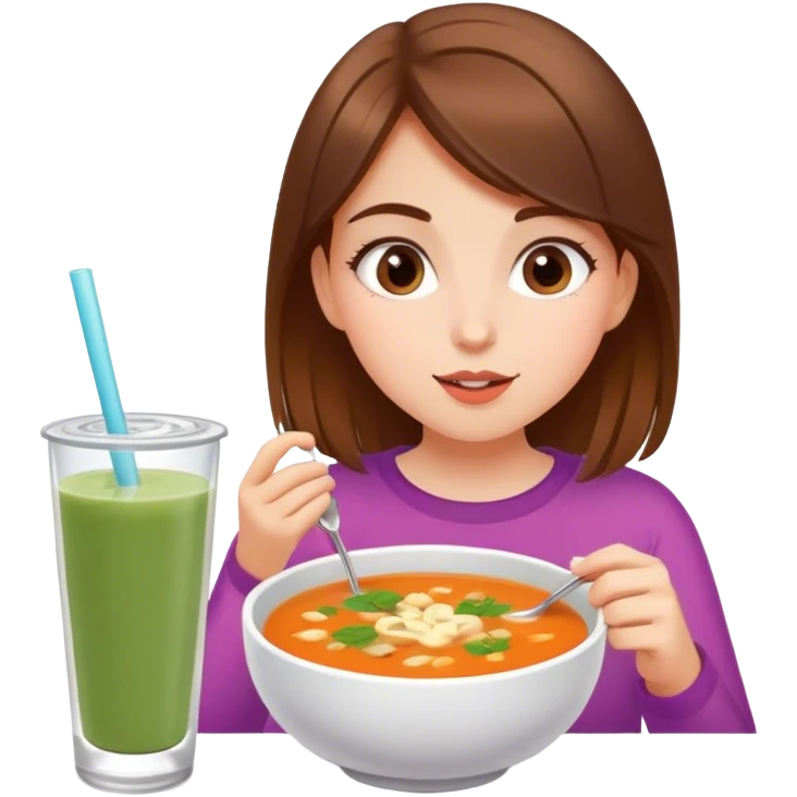 Girl eating soup and smoothie brown hair emoji