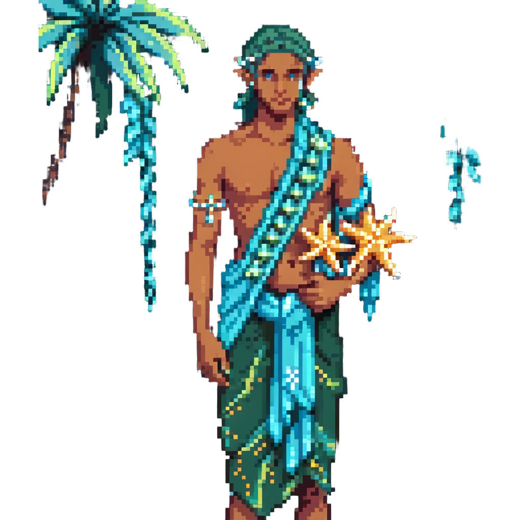 elf male Sarong with bioluminescent embroidery, armful of starfish, hair in a braid with pearl pins emoji