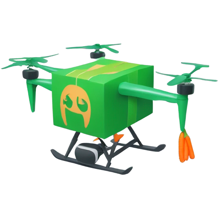 Drone carrying a green package with a carrot logo emoji