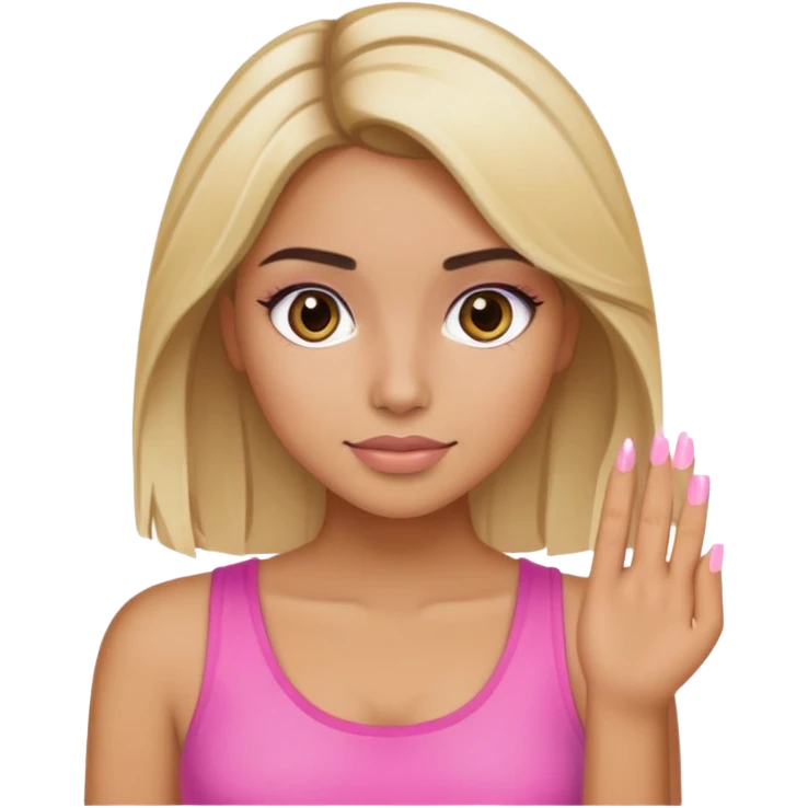 A blonde girl with highlight in her hair with Latina makeup with a pink top on  emoji