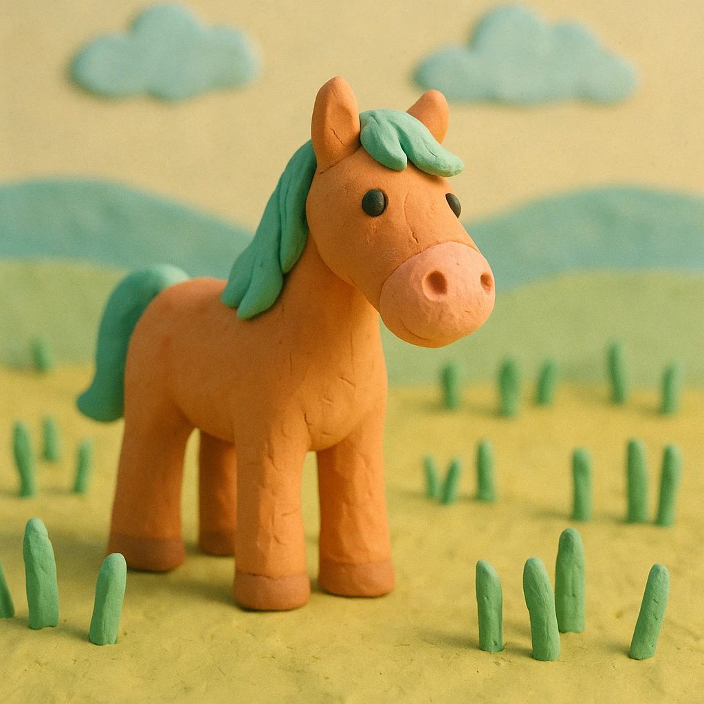 horse standing in a field, pastel colors, visible fingerprints, playful and textured, claymation style emoji