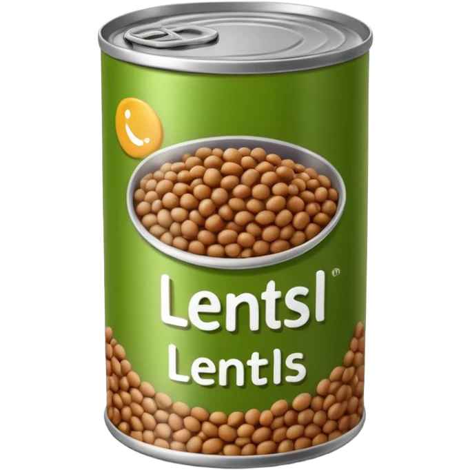 open can filled with moist, shiny brown-green lentils, smooth surface, soft rounded shapes, a few lentils spilling at the edge, no spoon, no label, no garnish, soft lighting, subtle shadows, transparent background, emoji scale emoji