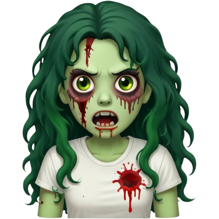a zombie with long curly black hair volumoso, brown eyes, a white t-shirt and a splash of blood on her t-shirt, mouth open like a zombie, green skin color, not much expression, no drawing on shirt, no hands showing, less blood on her face, less blood, black hair and black eyes emoji