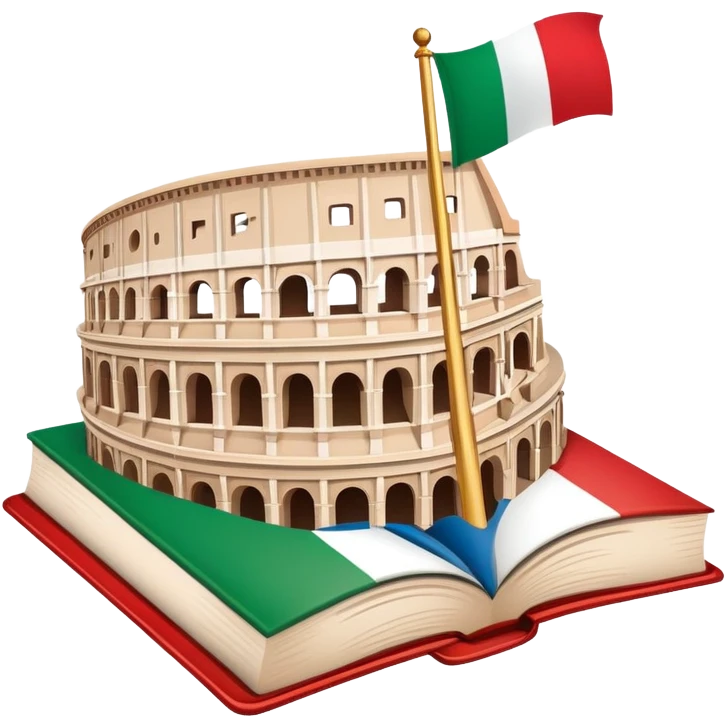 An icon featuring the Colosseum and the flag of Italy, symbolizing the Italian language. The design includes an open book with Italian phrases and a gondola, representing language learning and cultural exploration. Transparent background emoji