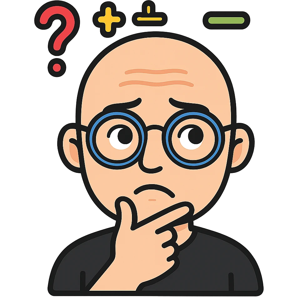 Add a thinking expression to the bald headed man with glasses and math symbols over his head, keep the background transparent. emoji