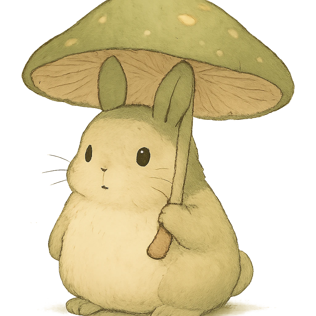 chubby bunny holding a mushroom umbrella, pastel beige and moss green, soft Ghibli style emoji