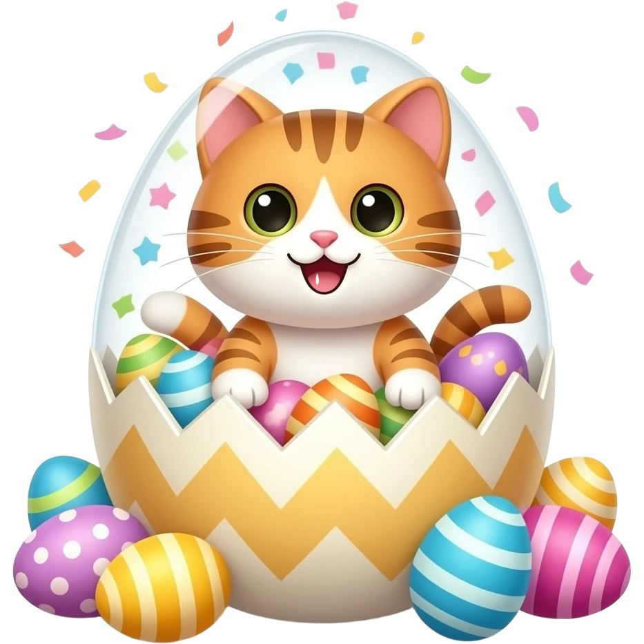 a happy cat in a confetti egg surrounded by easter eggs emoji