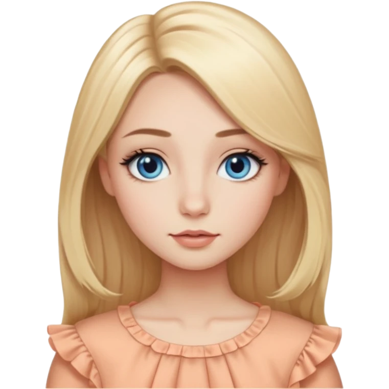 Blonde girl with small close-set blue eyes and eyeliner, long and straight eyebrows, long round nose, wide not full lips, long oval face shape, ruffle peach top, long blow out hair, middle part  emoji