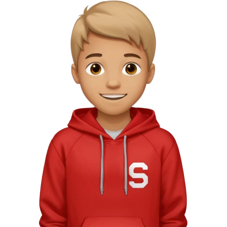 make me an emoji of an americain 19 yearold boy in a red hoodie that says "south" on it and give him with tan skin with his hands in his pockets with the sleevs pulled up grining with a jaw line  emoji