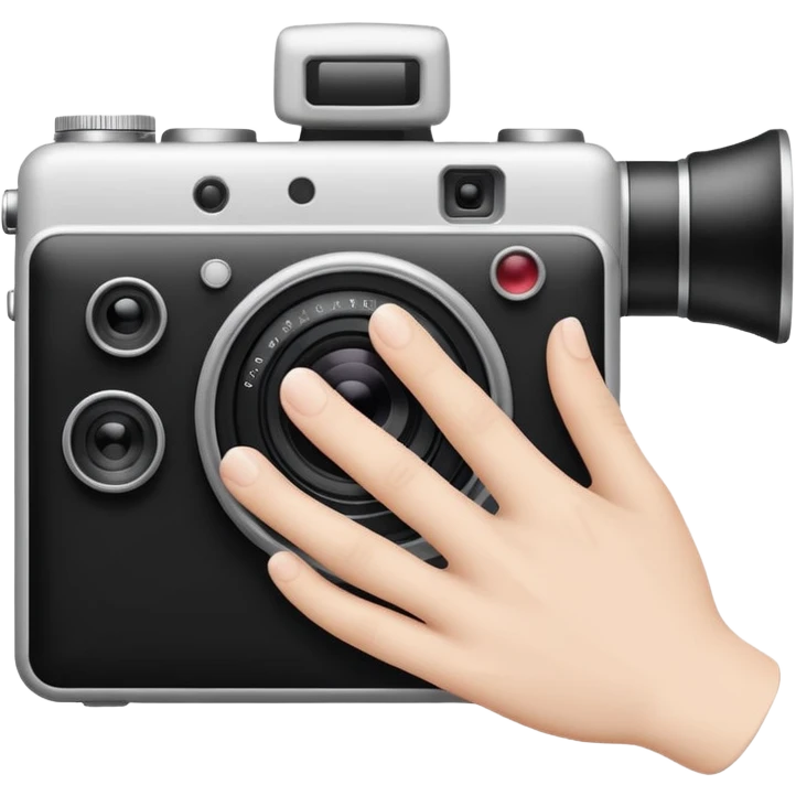 Minimalist emoji-style sticker of a photo camera ejecting a photo, but a hand comes out instead. Black and white, surreal icon.
 emoji