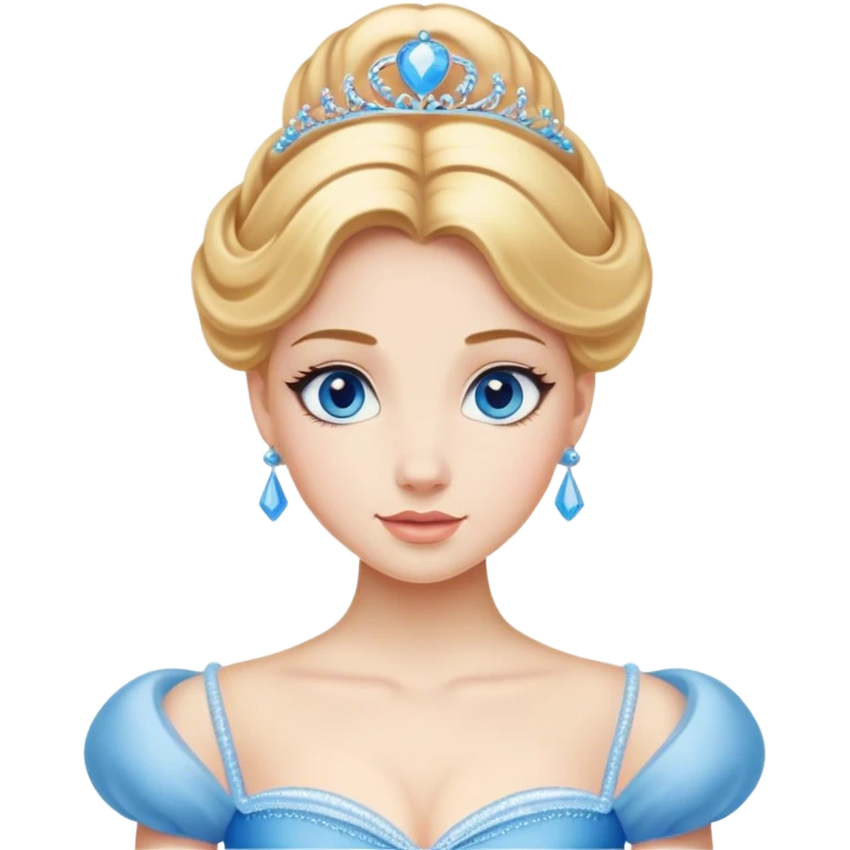 Cinematic Realistic Comical Cinderella Portrait, with every detail rendered realistically—from the soft, smooth texture of her fair skin to her artfully styled golden-blonde hair. Her bright blue eyes are wide with playful disbelief, and her expression carries a touch of whimsical humor while retaining elegant poise. Her classic ball gown, detailed with rich fabric textures and natural shadows, catches the light in a way that blends refined beauty with a hint of cheeky mischief, creating a striking, lifelike portrayal. emoji