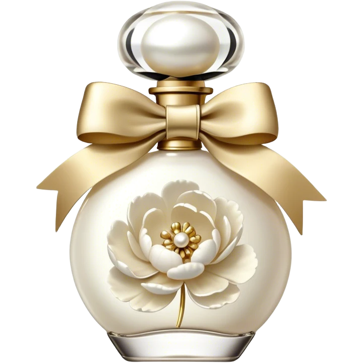 pearl white vintage style perfume bottle and ivory colored peonies and a gold bow emoji