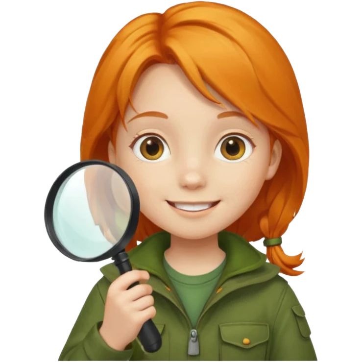 braid orange haired girl kid in moss green explorer outfit, holding magnifying glass, smile emoji